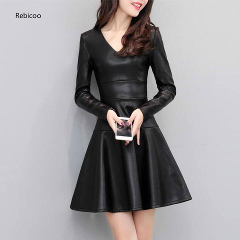 Autumn Winter Black PU Leather Long Sleeve Dress Women Slim Plus Velvet Dress Short Sexy Leather Plus Size Dress ► Photo 1/5