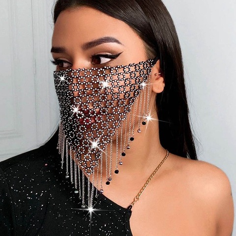 2022 New Fashion Crystal Masquerade Mask Women Party Jewelry Fishing Net Metal Rhinestone Tassle Shining Face Mask ► Photo 1/6