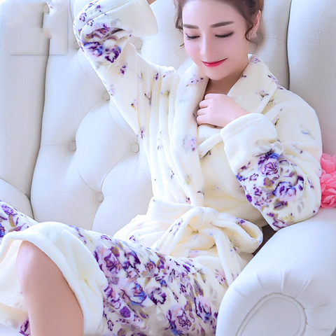 Women Robes Winter Warm Coral Fleece Nightdress Sleepwear Female Pajamas Home Clothes Floral Dressing Gron Kimono Hotel Bathrobe ► Photo 1/6