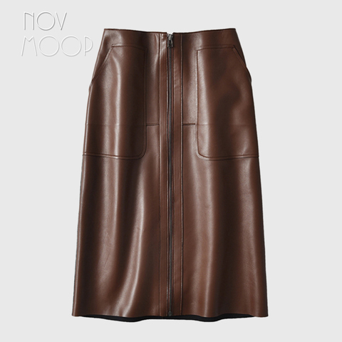 Novmoop Italy vintage style women spring dark brown A-line sheepskin genuine leather skirt with zipper pocket decor LT3042 ► Photo 1/6