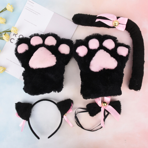 Cat Girls Plush Ear Bell Headband Tie Tail Paws Maid Fancy Dress Set Party Cosplay Cat Ear Fur Hair Clip Women Lady Hairbands ► Photo 1/3