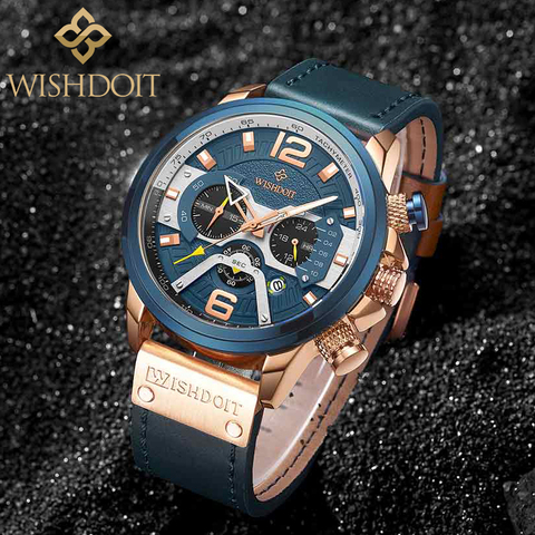 WISHDOIT Men's leisure sports watch blue luxury brand TOP Military leather watch men's clock waterproof luminous fashion chronog ► Photo 1/6