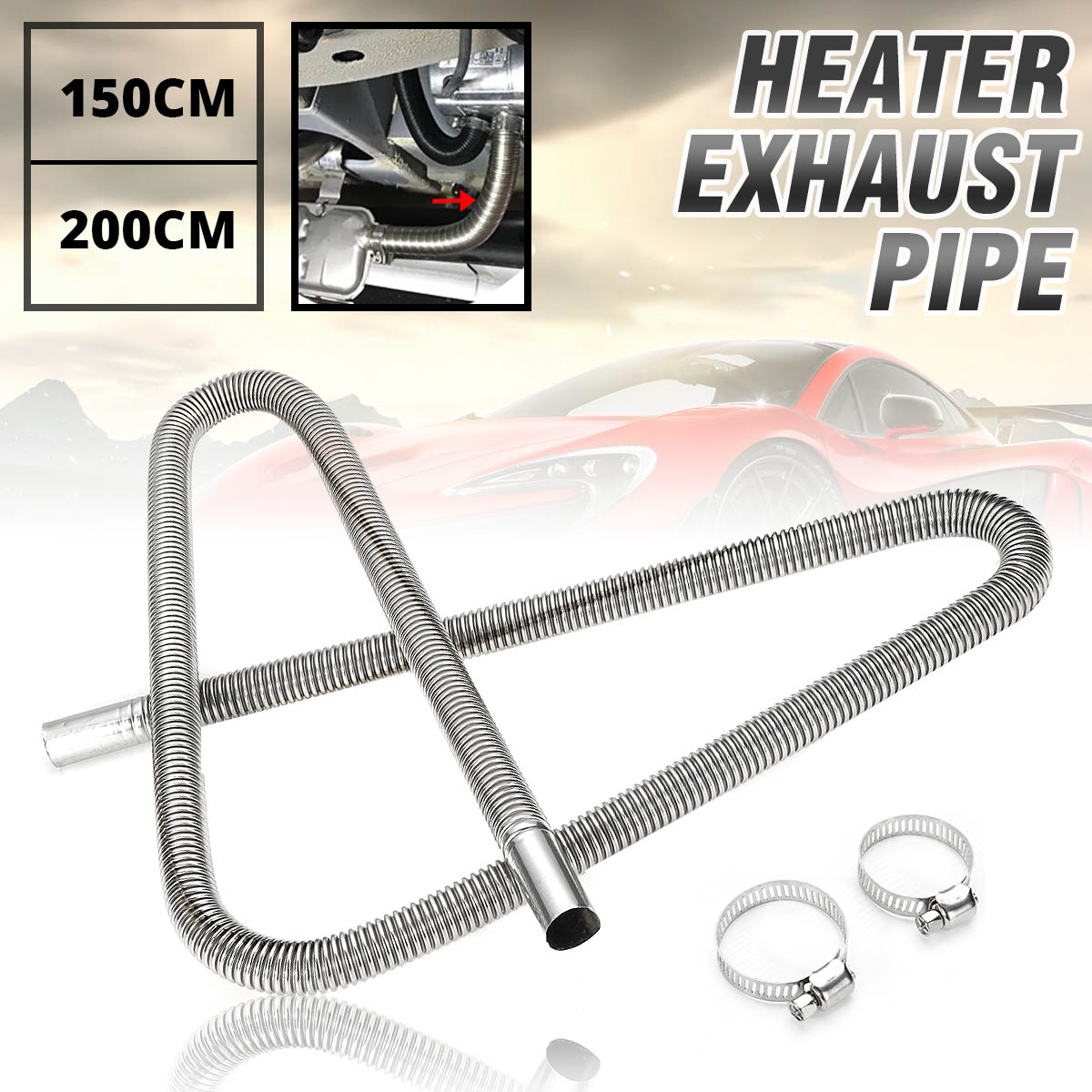 150/200cm Air Parking Heater Exhaust Pipe For Diesel Heater with 2 Clamps Stainless Steel Fuel Tank Exhaust Pipe Hose Tube ► Photo 1/6
