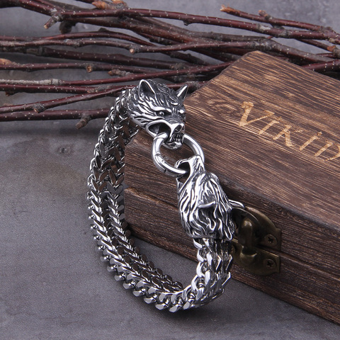 Never Fade Rock Viking Wolf Charm Bracelet Men's Stainless Steel Mesh Chain Gold Wolf Punk Bracelets Biker Jewelry ► Photo 1/6