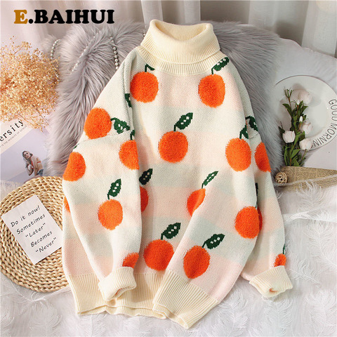 EBAIHUI 2022 Autumn Winter Sweaters Pullover Cherry Pattern Long Sleeve Sweater Women Turtleneck Knitted Jumpers Sweater Mujer ► Photo 1/6