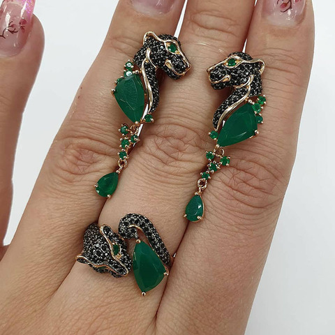 Boho Punk Rock Leopard Wedding Rings Earrings for Women Vintage Green Crystal Zircon Dangle Earrings Fashion Jewelry Sets Gifts ► Photo 1/2