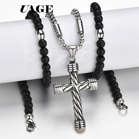 UAGE 2022 New  Cross Pendant Necklace For Men Women 316L Stainless Steel Rosary Beads Necklace Religious Jewelry ► Photo 1/6