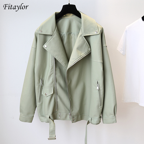 Fitaylor New Spring Women Loose Pu Faux Leather Jacket with Belt Streetwear Moto Biker Black Coat BF Style Oversized Outwear ► Photo 1/6