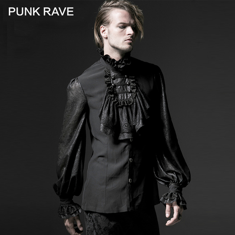 PUNK RAVE Gothic Black White Soft Lace High Stand Collar Stage Chiffon Men Shirt Male Long Sleeve Embossing Blouse Turtle Button ► Photo 1/1