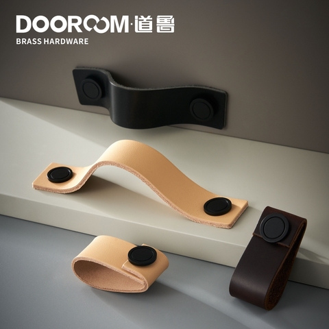 Dooroom Brass Furniture Handles Real Cow Leather Nordic Modern Wardrobe Dresser Cupboard Cabinet Drawer Shoe Box Wine Bar Pulls ► Photo 1/6