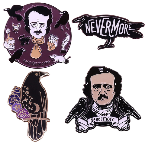 Edgar A Poe Enamel Pin Nevermore The Crow Brooch Literature  Novel Raven Badge Accessory Movie fans Gift Party Jewelry ► Photo 1/6