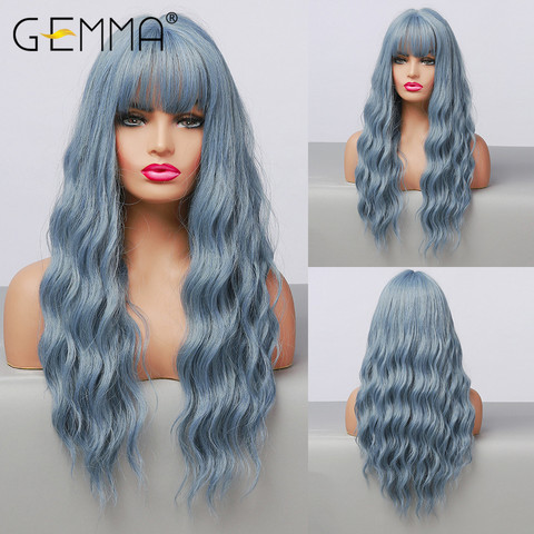 GEMMA Long Water Wave Blue High Temperature Wigs for Black White Women Afro Cosplay Party Daily Synthetic Hair Wigs with Bangs ► Photo 1/6