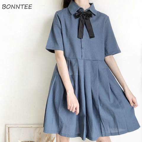 Dress Women Bow-knot Pleated Lapel School Style Harajuku Large Size 2XL Cute Girls Newest Midi Dresses Daily Soft Popular Summer ► Photo 1/6