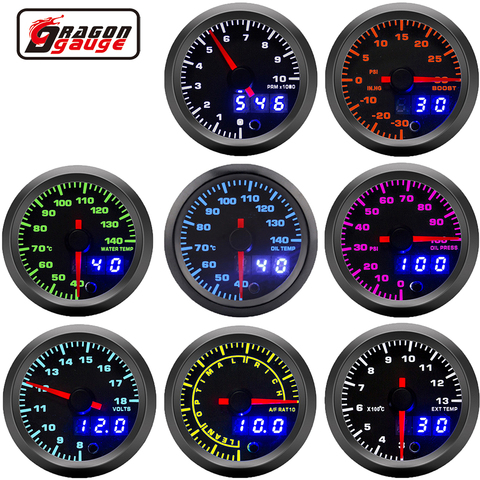 Dragon 52mm Car 7 Colors LED   Dual Display Boost Water Oil Temp Pressure Meter Volt Air Fuel Ratio EGT Gas Tachometer RPM Gauge ► Photo 1/6