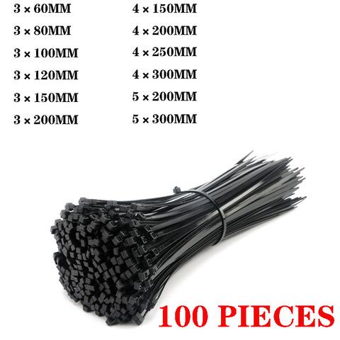 Self-locking plastic nylon ties 100 black 5x300 cable ties fixing ring 3x200 cable ties zipper packaging, with nylon tie set ► Photo 1/6