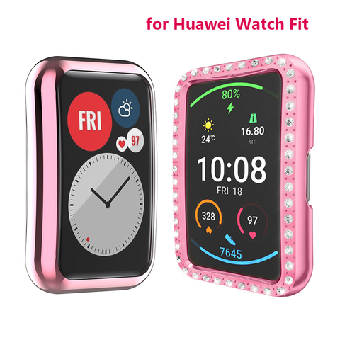 Full Protector for Huawei Watch Fit Case SmartWatch TIA-B09 TPU Soft Shockproof Plating Hard PC Bling Protective Cover Pink ► Photo 1/6