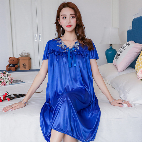 Large Size 4XL Home Comfortable Women Sleepwear Female Ice Silk Satin Nightgown Sleeping Dress Long Ladies Nightwear Night Shirt ► Photo 1/6