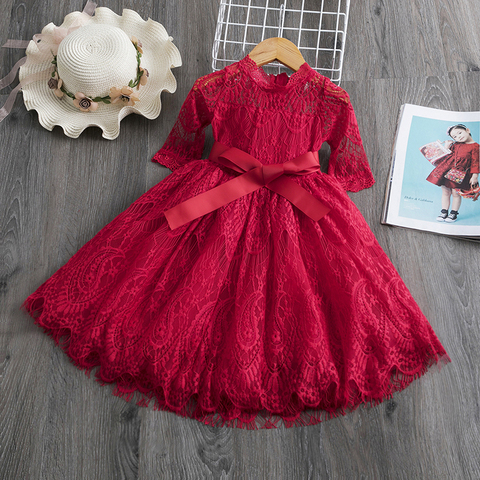 Red Kids Dresses For Girls Flower Lace Tulle Dress Wedding Little Girl Ceremony Party Birthday Dress Children Autumn Clothing ► Photo 1/6
