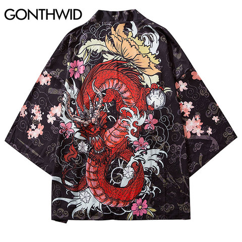 GONTHWID Harajuku Dragon Cherry Blossoms Flowers Print Kimono Cardigan Haori Jackets Streetwear Japanese Style Open Front Coats ► Photo 1/6