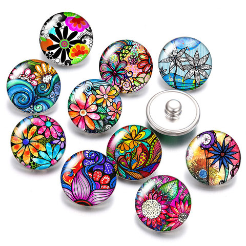 Beuaty painting Flowers 18mm snap buttons 10pcs mixed round photo glass cabochon style for snap button jewelry ► Photo 1/6