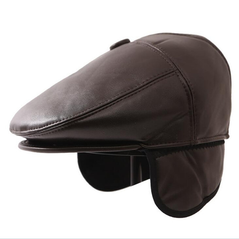 New Winter Beret Caps For Men PU Leather Solid Beret Hat British Retro Men Thicken Flat Top Cap Boina Hat ► Photo 1/6