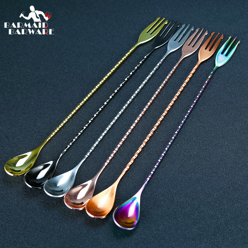 Trident Bar Spoon Cocktail Mixing Spoon With Fork Mixer Stirring Stainless Steel