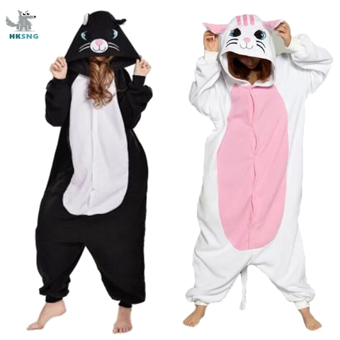 HKSNG New Black White Cat Kigurumi Onesie Animal Winter Flannel Pajamas Cartoon Adult Halloween Party Costume Jumpsuit ► Photo 1/6