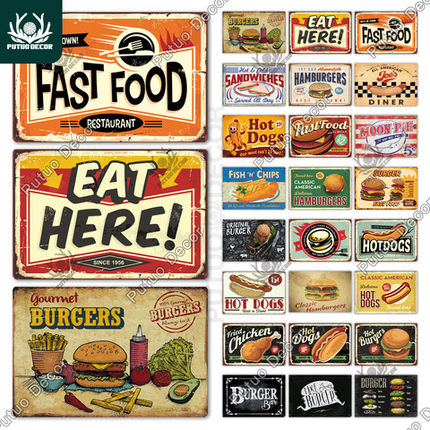 Fast Food Tin Sign Vintage Metal Sign Plaque Metal Vintage Hot Dog Wall Decor for Kitchen Cafe Diner Bar Metal Signs(20x30cm) ► Photo 1/6