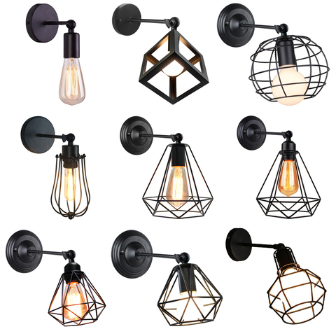 Vintage Industrial LED Cage Wall Light Retro Loft Wall Lamps Black Lamp Shade E27 Sconce Lights Modern Indoor Lighting Fixture ► Photo 1/6