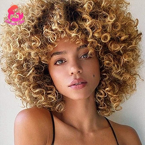 Dream Like Ombre Color Short Curly Synthetic Wigs for Black/white Women Cosplay Party Blonde And Brown Afro Wig With Bang ► Photo 1/6