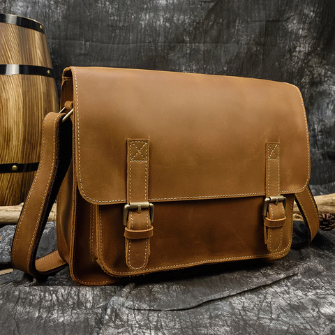 Men's Crazy horse leather shoulder bag Brown Real leather messenger bag for 13.3 inch PC Vintage A4 crossbody bag magnetic flap ► Photo 1/6