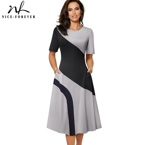 Nice-forever Spring Retro Contrast Color Patchwork A-line Dresses Business Work Flare Swing Women Dress A239 ► Photo 1/6