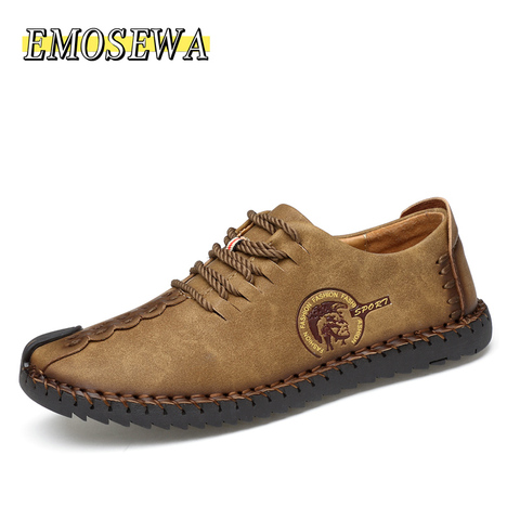 EMOSEWA Classic Men Casual Shoes Men Loafers Split Leather Shoes Men Flats Handmade Lace-up Hot Sale Moccasins Shoes Big Size 47 ► Photo 1/6