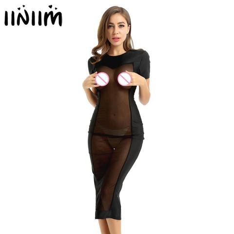 Womens Adult Fashion Sexy Cocktail Party Dress Short Sleeves See Through Mesh Patchwork Bodycon Long Dress Party Club Dress ► Photo 1/6