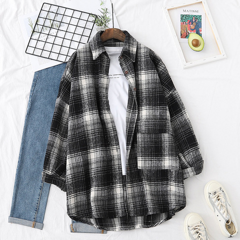 Casual Plaid Jacket Women Autumn Turn Down Collar Button Long Sleeve Checked Oversize Thick Warm Lady Coats Vintage Chic Outwear ► Photo 1/6