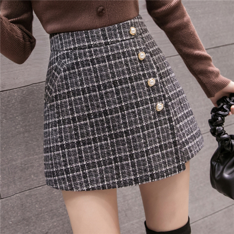 New Fashion Tweed Plaid Shorts Skirts Womens Autumn Winter Single Breasted High Waist Woolen Shorts Woman Casual Culottes ► Photo 1/6
