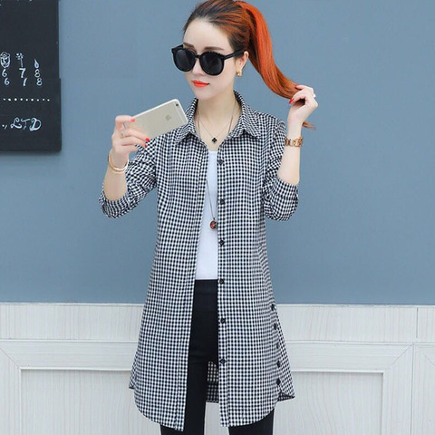 New Women Spring Autumn Cotton Blouses Lady Mid-Long Casual Long Sleeve Blouse Shirt Turn-Down Collar Plaid Blusas Tops DF3334 ► Photo 1/4