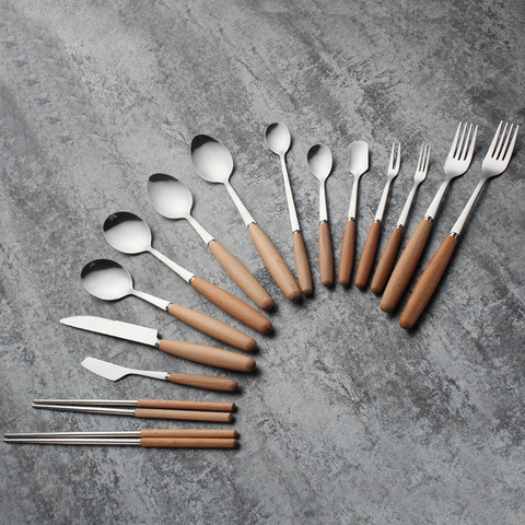 Beech wood handle stainless steel western tableware wood handle steak cutlery chopsticks business gift tableware. ► Photo 1/3