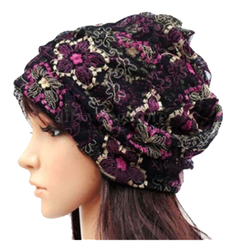 Women Lady Winter Bandana Beanie Turban Head Wrap Band Lace Hat Warm Cap, Black rose red ► Photo 1/1