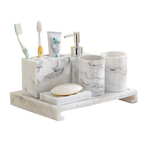 Nordic Bathroom Set Marble Pattern Resin Washroom Accessories Toothbrush Holder Soap Dispenser Soap Dish Bathroom Tray for Weddi ► Photo 1/6