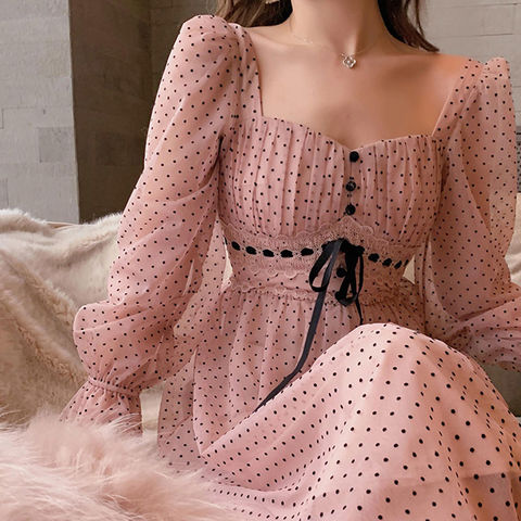 French Vintage Midi Dress Women Puffer Sleeve Square Collor Office Elegant Dress Female 2022 Spring Dot One Piece Dress Korean ► Photo 1/6