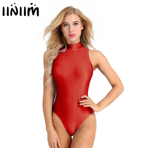 iiniim Women Adult Summer Swimsuits Sleeveless Stretch Solid High Cut Back Zipper Bodycon Dance Leotard Bodysuit Bathing Suits ► Photo 1/6