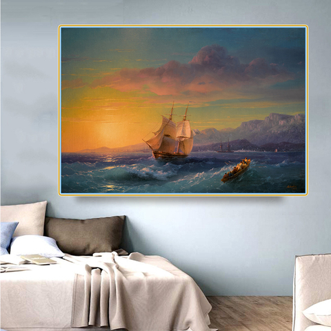 Citon Canvas Oil Painting Ivan Aivazovsky《Ship at Sunset off Cap Martin》Artwork Poster Picture Modern Wall Decor Home Decoration ► Photo 1/5