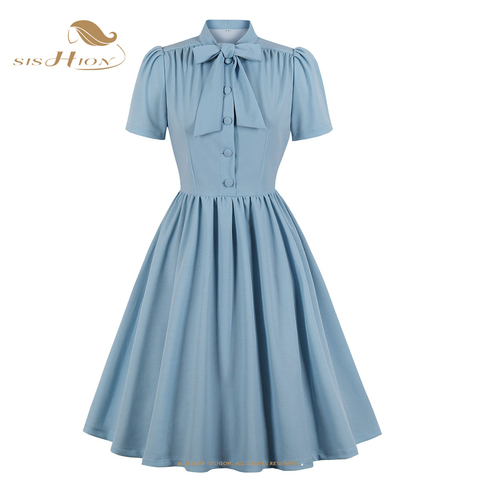 2022 Blue Pleated Dress Vintage Style Bow Tie Neck Button Up Elegant Women Summer Belted Pinup 60s 50s Rockabilly Dresses VD1662 ► Photo 1/6