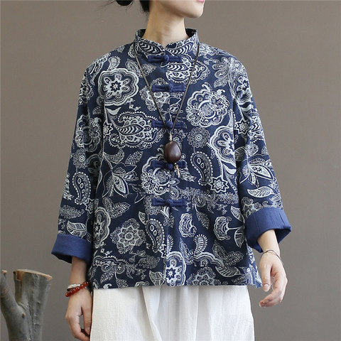 Johnature Women Blue And White Shirts Vintage Cotton Linen Blouses 2022 Autumn Long Sleeve Button Stand Tops Women Chinese Shirt ► Photo 1/6