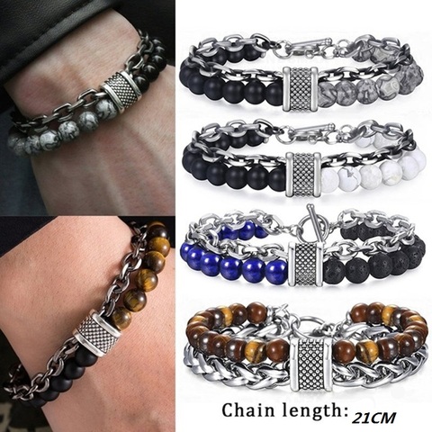 Fashion Men Jewelry Natural Stone Genuine Leather Bracelet Black Stainless Steel Magnetic Clasp Tiger eye Bead Bracelet Men ► Photo 1/6
