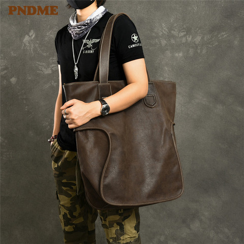 PNDME large capacity vintage genuine leather men's tote bag casual simple cowhide oversized shopping shoulder bag luxury handbag ► Photo 1/6