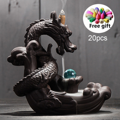 Ceramic Backflow Incense Burner Creative Home Decor Dragon Incense Holder Censer With Crystal Ball + 20pcs Incense Cones ► Photo 1/6