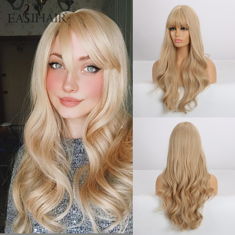 EASIHAIR Long Blonde Wavy Synthetic Wigs with Bangs Natural Wave Hair Wigs for Women Cosplay Daily Wigs Heat Resistant ► Photo 1/6