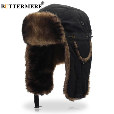 BUTTERMERE Russian Ushanka Soviet Hats Black Bombers Hat Fur Mens Winter Hats Ear Flaps Winter Outdoor Pilot Hat For Men Women ► Photo 1/6